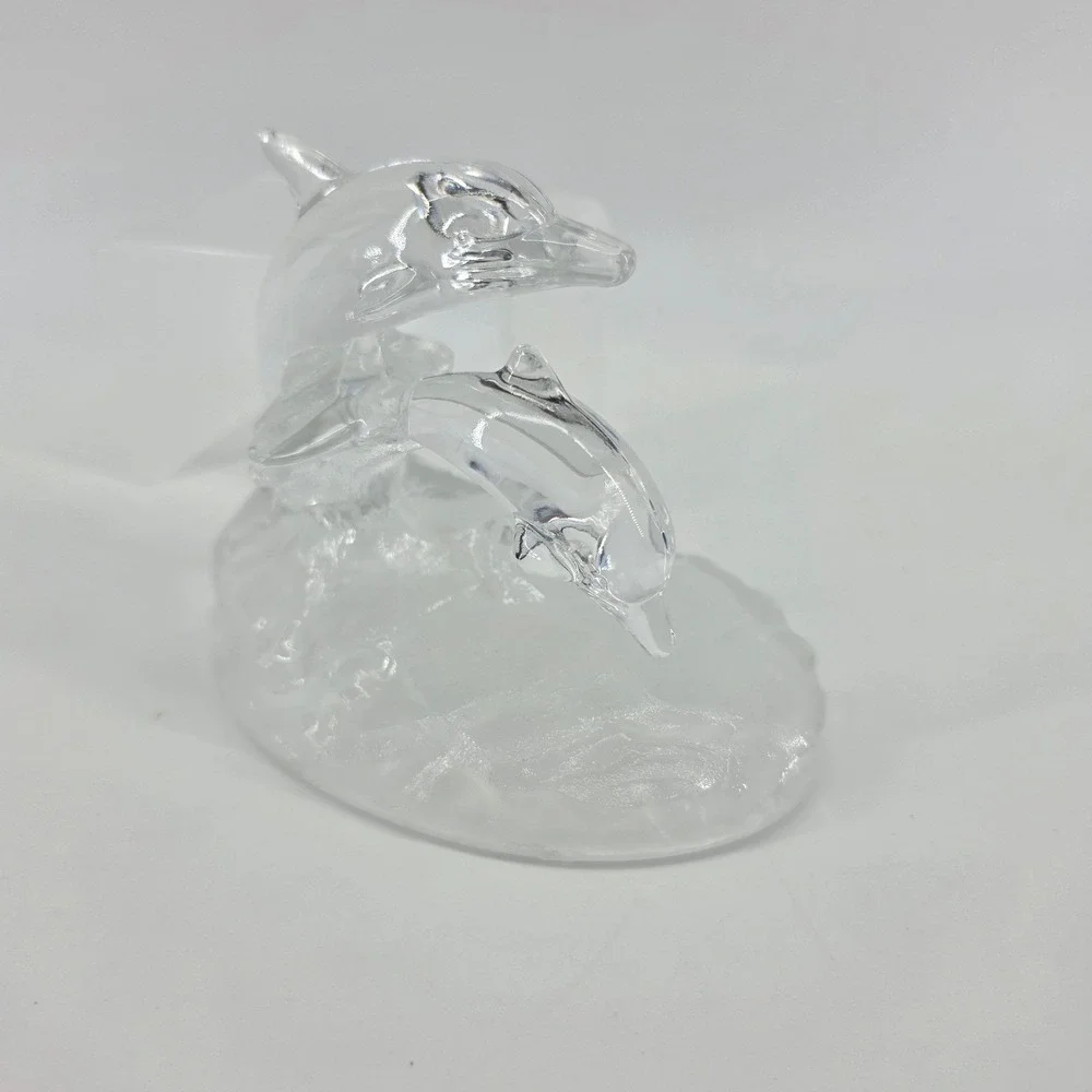 Clear Frosted Glass Double Dolphin Figurine Leaping Ocean Wave Coastal Decor